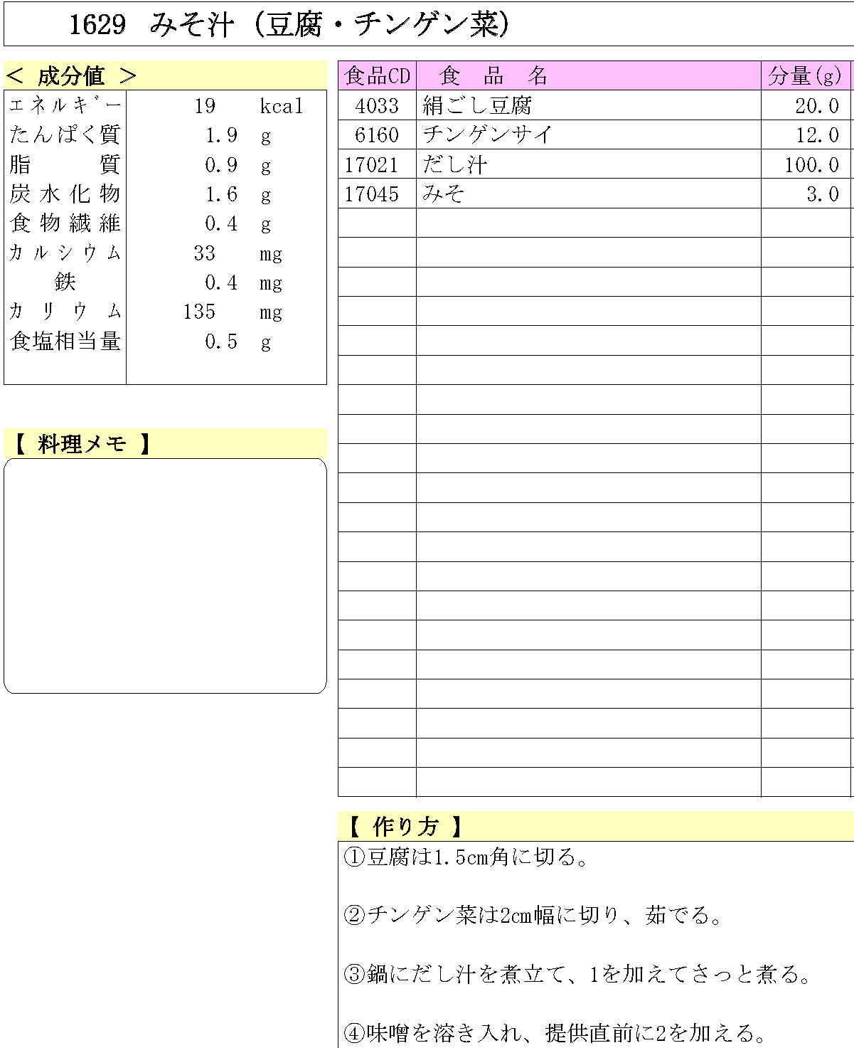 あおいの給食室 1629 みそ汁（豆腐・チンゲン菜）